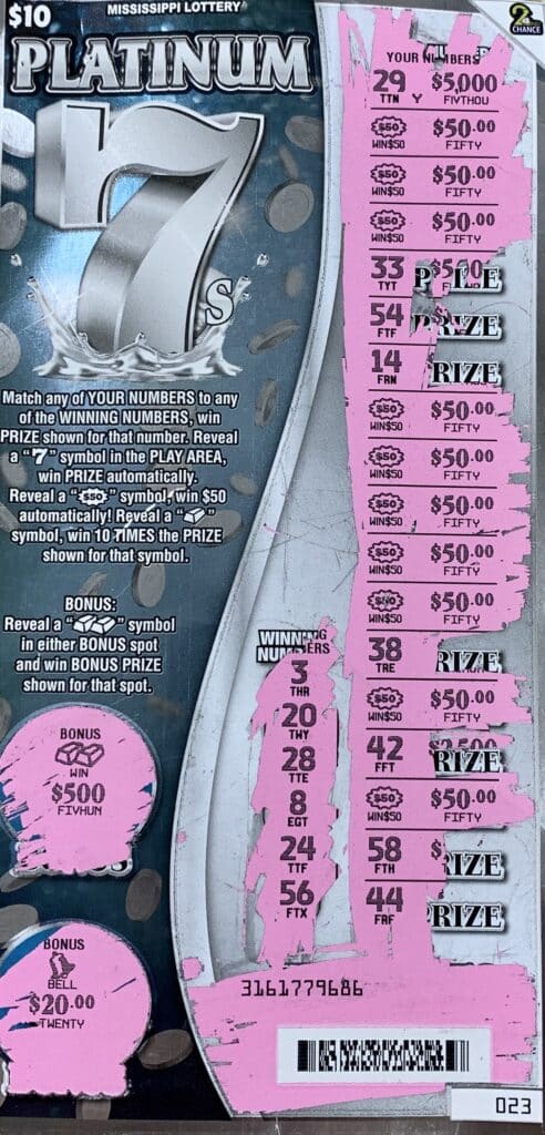 A Ridgeland man won $1,000 on a Platinum 7s scratch-off game purchased from Sprint Mart #101 on Pear Orchard Rd., Ridgeland.