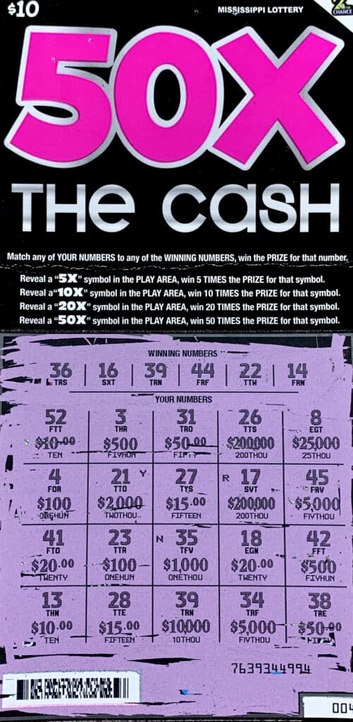 A Carriere woman won $10,000 on a 50x the Cash scratch-off game purchased from Chew Chew’s Smokin’ Depot on W. Union Rd., Carriere.