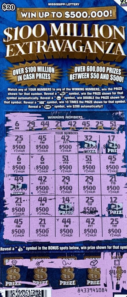 A Wiggins man won $10,000 on a $100 Million Extravaganza scratch-off game purchased from Jr. Food Mart #476 on W. Central Ave., Wiggins.