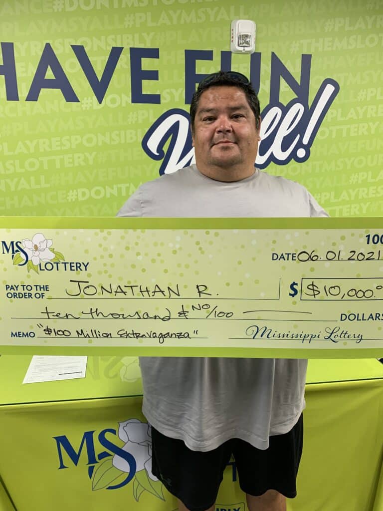 Jonathan R. of Biloxi won $10,000 on a $100 Million Extravaganza scratch-off game purchased from Tobacco and Beer Discount House #22 on Pass Road, Biloxi.