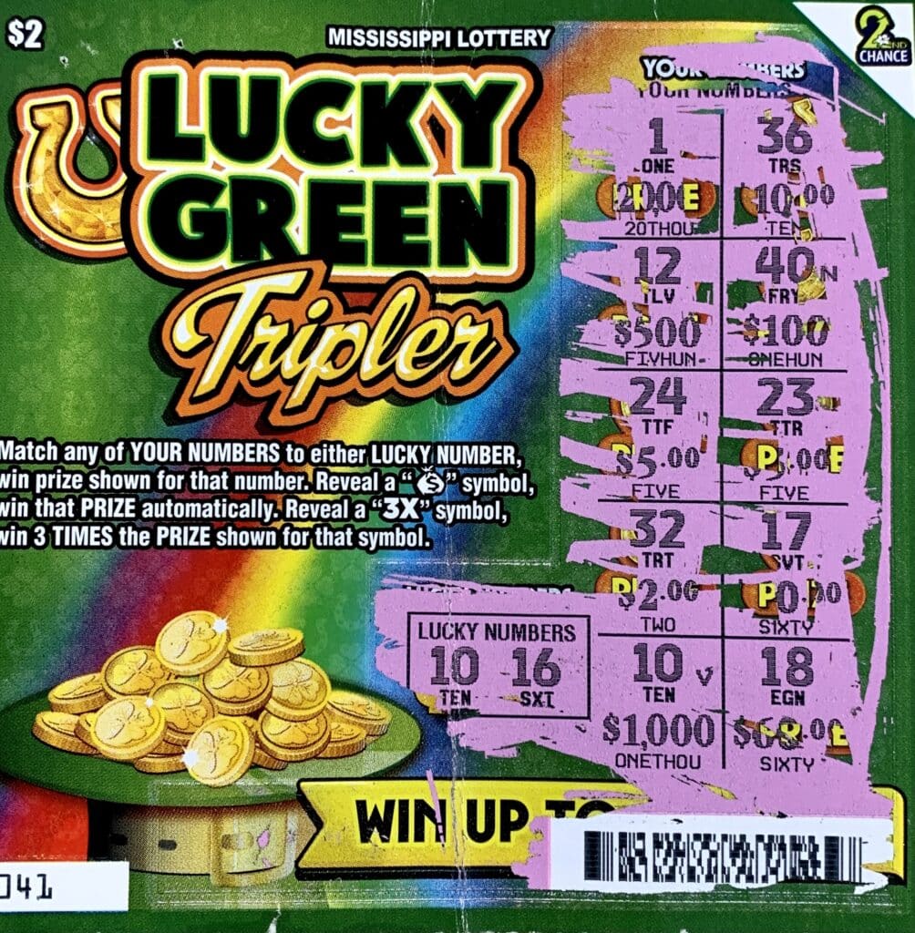 A Moss Point woman won $1,000 on a Lucky Green Tripler scratch-off game purchased from Dodge Store #6805 on Hwy. 90 W., Gautier.