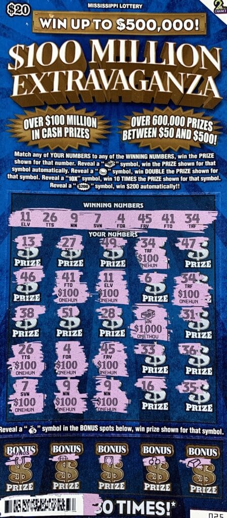 A Gautier woman won $2,000 on a $100 Million Extravaganza scratch-off game purchased from Circle K on Cedar Lake Rd., Biloxi.