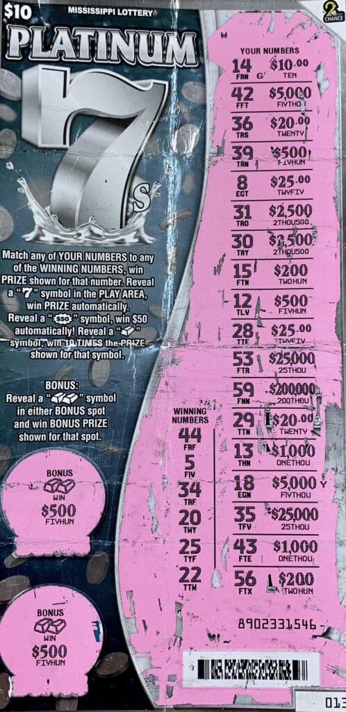 A Jefferson Davis County man won $1,000 on a Platinum 7s scratch-off game purchased from Bassfield Pure Food Store LLC on Hwy. 42, Bassfield.