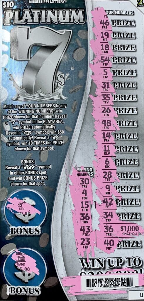 A Kemper County man won $1,000 on a Platinum 7s scratch-off game purchased from Bluesky Store #510 on Hwy. 61 N., Natchez.