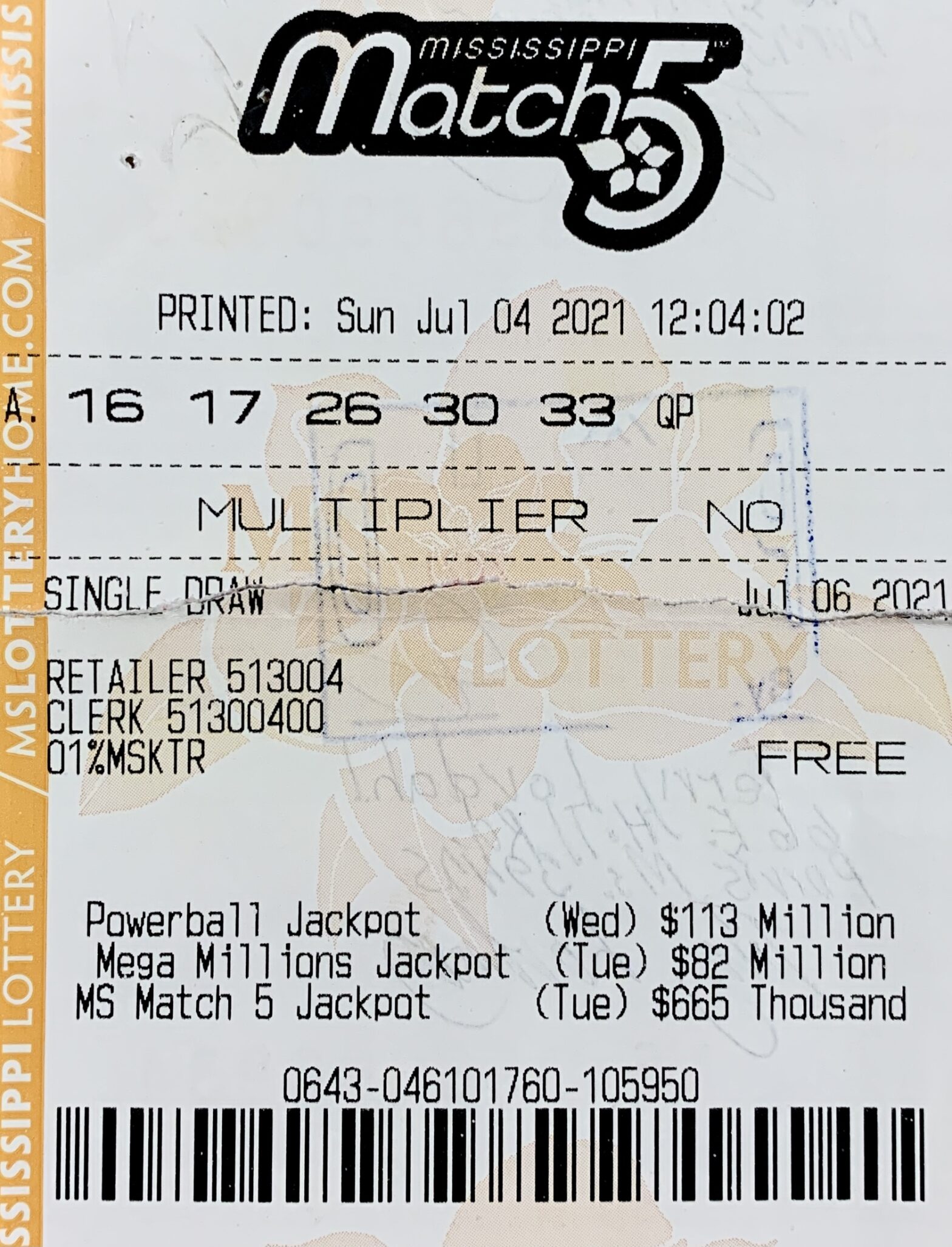 A Purvis man won $332,500 on a Mississippi Match 5 ticket purchased from Dandy Dan’s #514 on Hwy. 11 S., Hattiesburg.