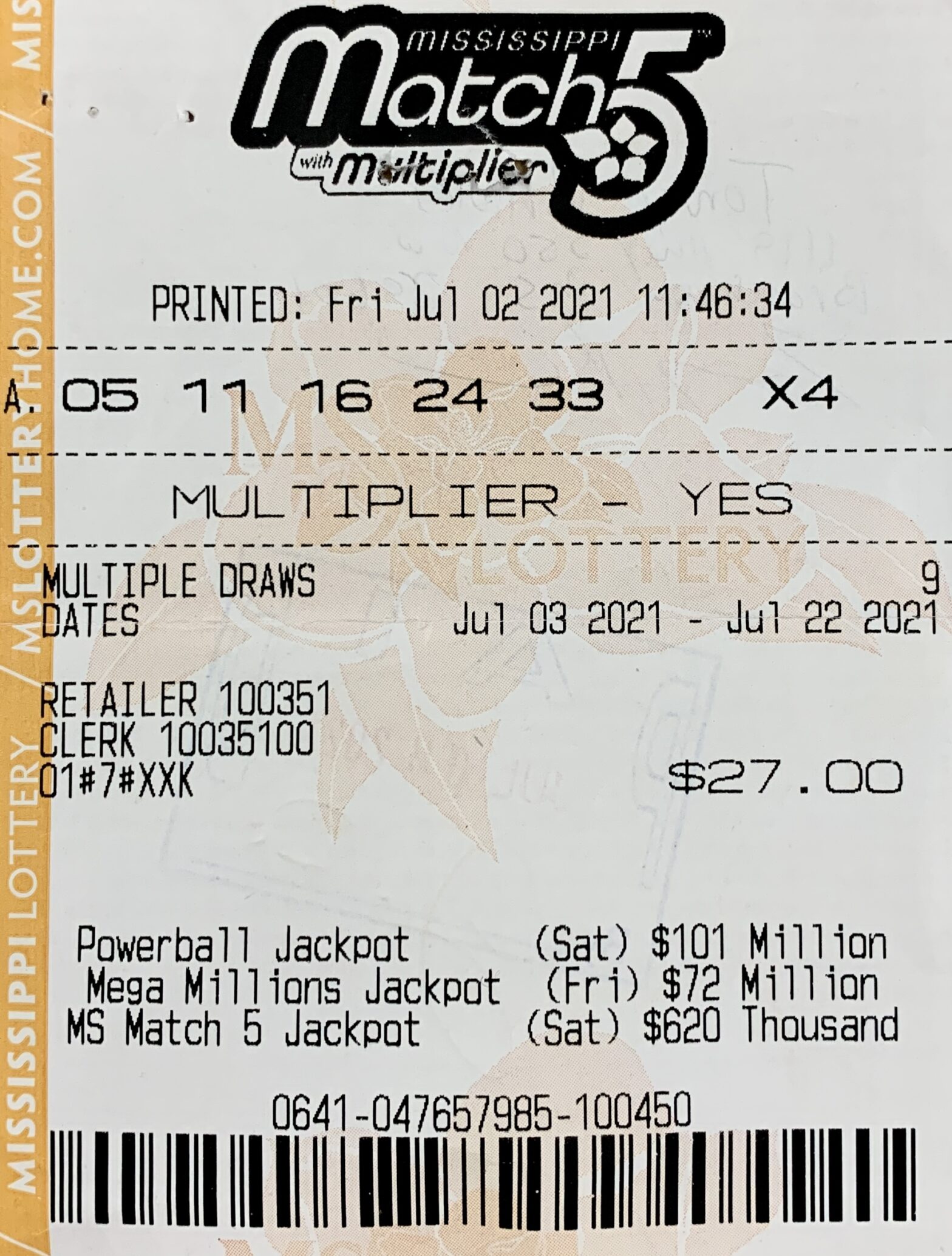 A Brookhaven man won $800 on a Mississippi Match 5 ticket purchased from Tobacco Mart on Hwy. 51, Brookhaven.