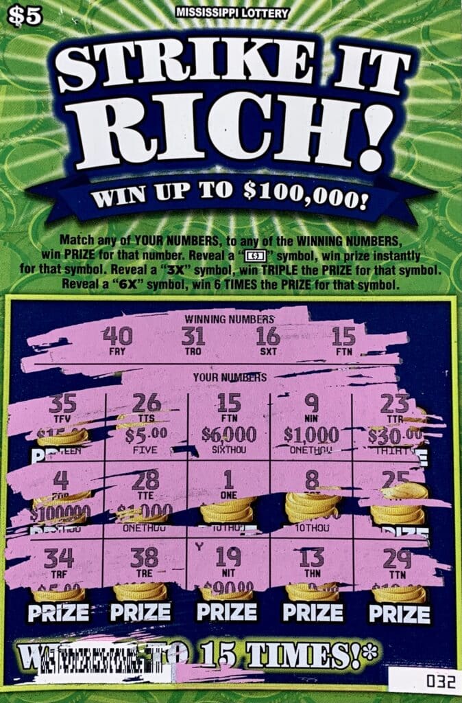 A Columbus woman won $6,000 on a Strike it Rich scratch-off game purchased from Texaco Food Mart on Hwy. 45 N., Columbus.