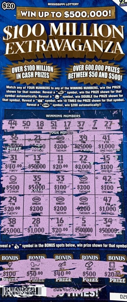 A Meridian woman won $2,000 on a $100 Million Extravaganza scratch-off game purchased from Toomsuba Sunoco on Will Garrett Rd., Toomsuba.