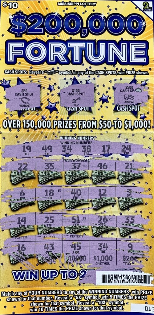 A Meridian player won $1,000 on a $200,000 Fortune scratch-off game purchased from Shell Food Mart #22 on Hwy. 39 N., Meridian.