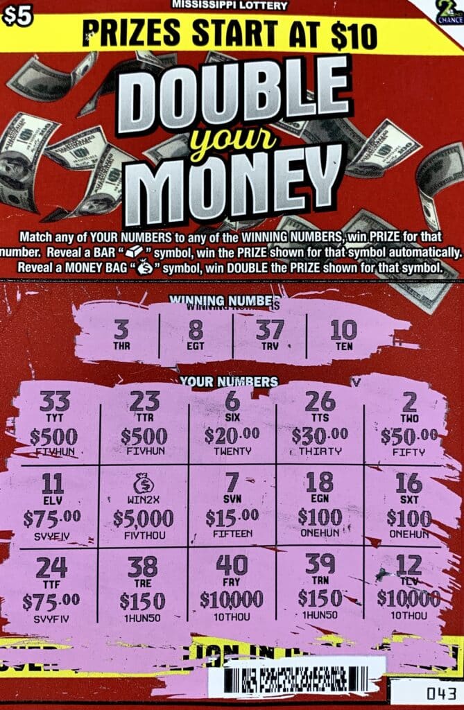 A Calhoun City man won $10,000 on a Double Your Money scratch-off game purchased from Calhoun Discount Tobacco LLC on Public Sq., Calhoun City.