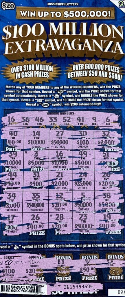 A Meridian woman won $1,000 on a $100 Million Extravaganza scratch-off game purchased from Broadmoor on N. Hill St., Meridian.