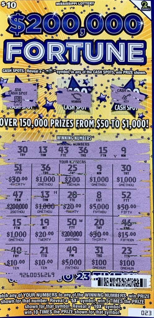 A Winston County woman won $5,000 on a $200,000 Fortune scratch-off game purchased from Gregory Food Mart on N. Church Ave., Louisville.