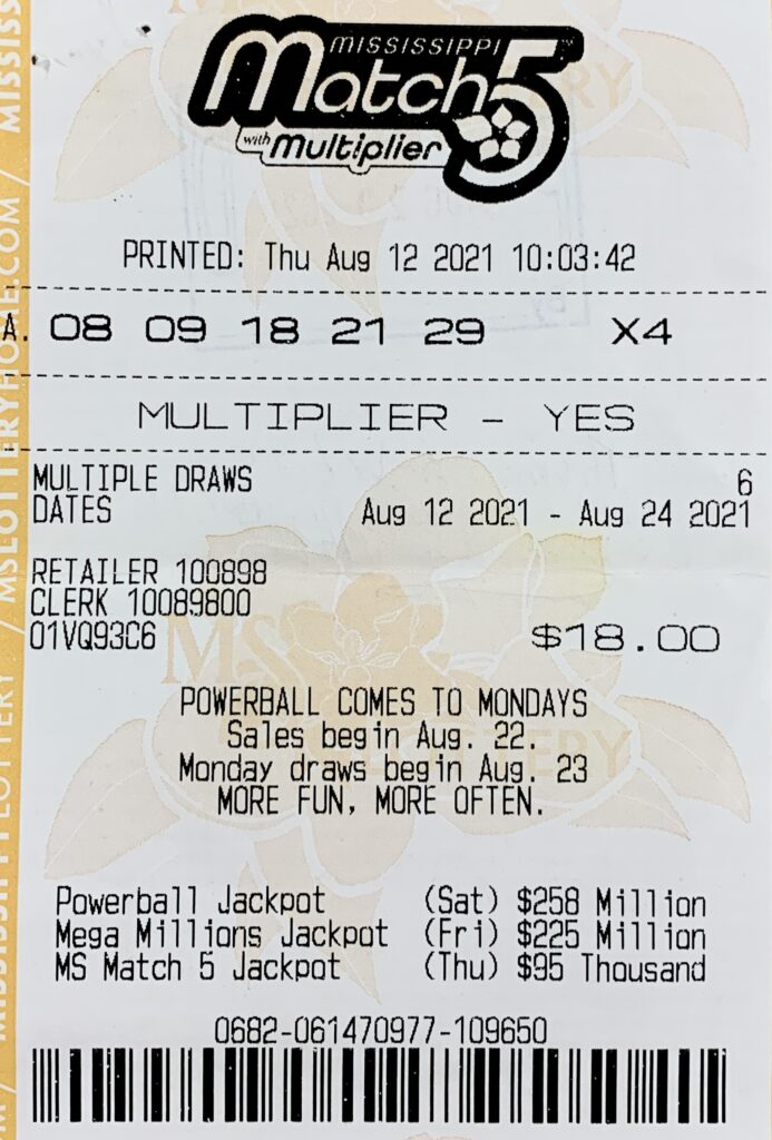 A Picayune man won $800 on a Mississippi Match 5 ticket purchased from Jackson Land Food Mart Inc on S. Beech St., Picayune.