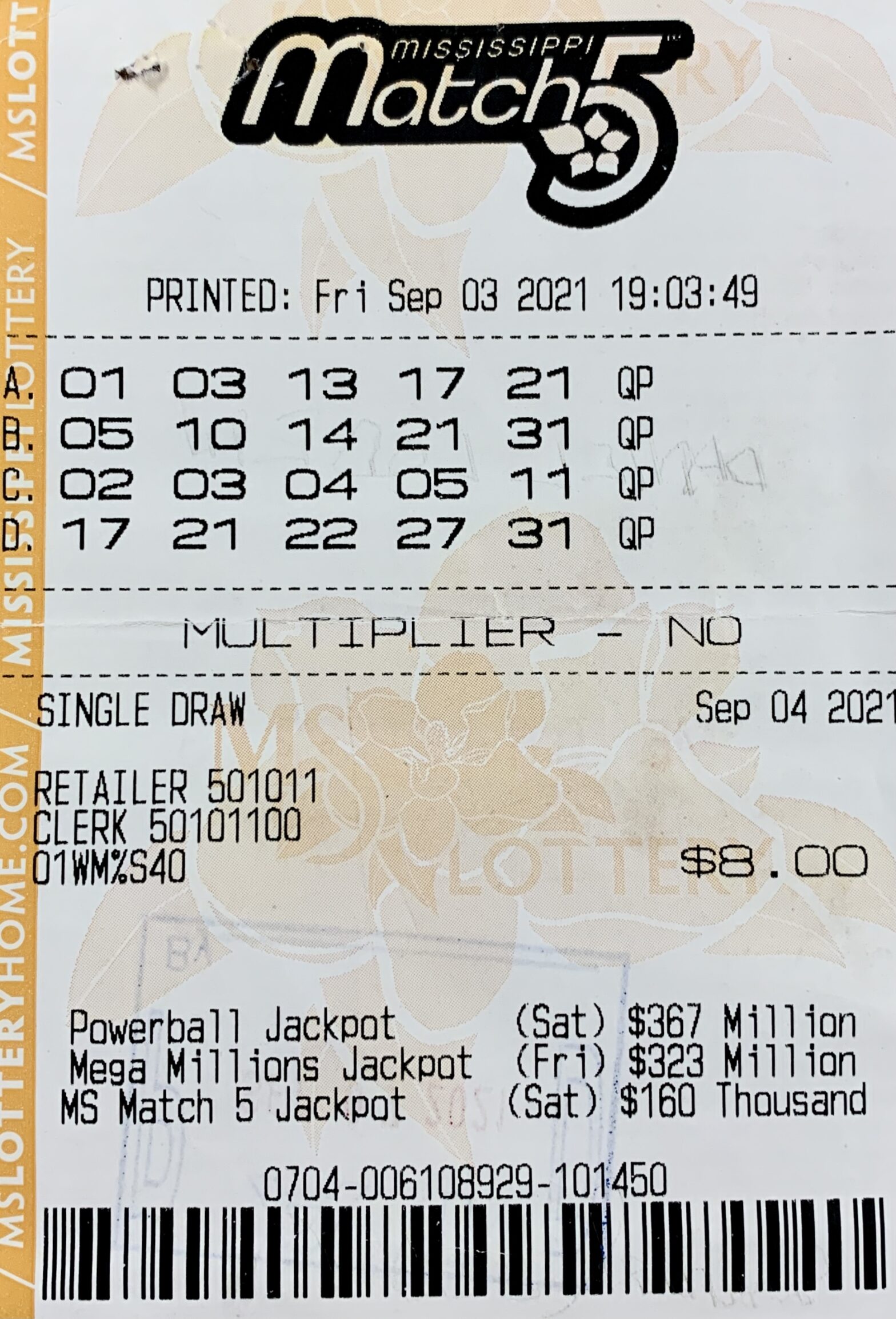 A Cherokee, Ala., man won $160,000 on a Mississippi Match 5 ticket purchased from Sprint Mart #41 on W. Quitman St., Iuka.