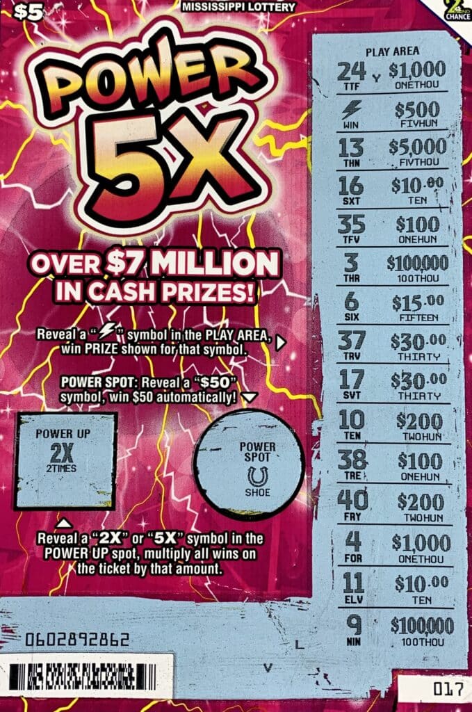 A Crystal Springs woman won $1,000 on a Power 5x scratch-off game purchased from Corner Food LLC on Hwy. 51, Crystal Springs.