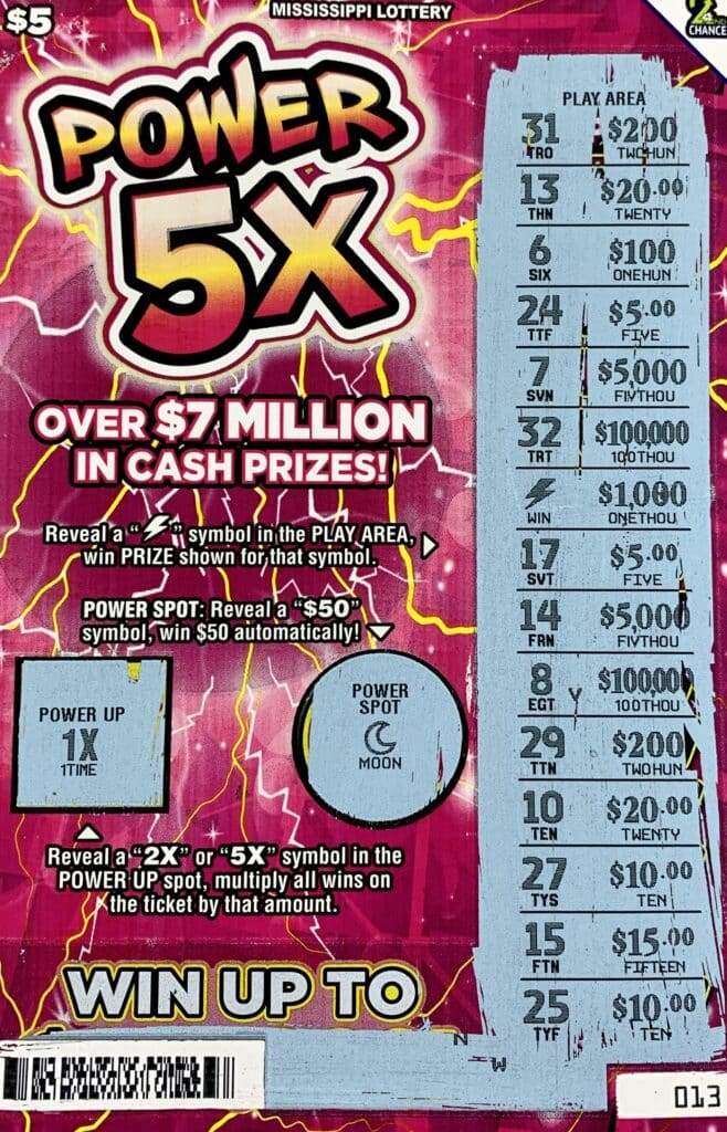 A Jefferson Davis County man won $1,000 on a Power 5x scratch-off game purchased from Keith’s Superstore #151 LLC on Hwy. 49, Hattiesburg.