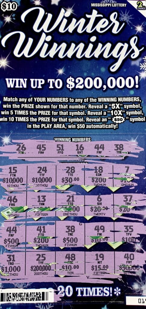 A Gautier woman won $1,000 on a Winter Winnings scratch-off game purchased from Lucky Clover on Hwy. 90, Gautier.