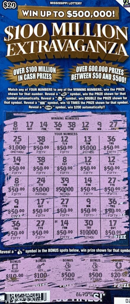 A Jackson woman won $2,000 on a $100 Million Extravaganza scratch-off game purchased from AR County Line LLC on E. County Line Rd., Jackson.