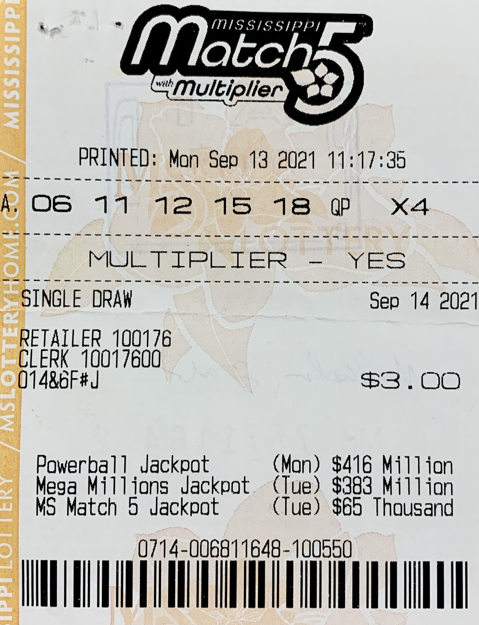 A Jackson man won $800 on a Mississippi Match 5 ticket purchased from Sandy’s Marathon on S. Gallatin St., Jackson.