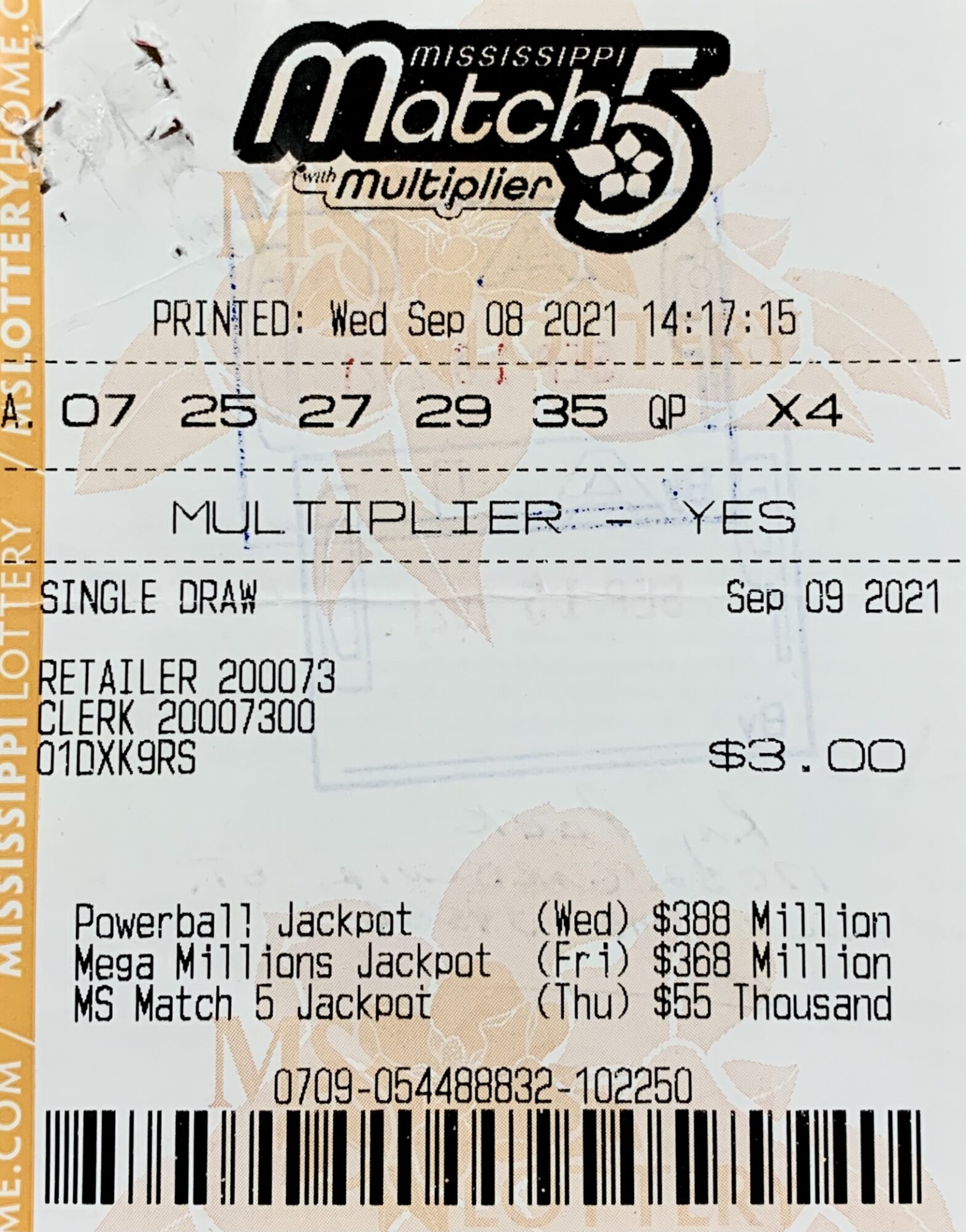 A Hancock County man won $800 on a Mississippi Match 5 ticket purchased from Dodge Store #6501 on 25th Ave., Gulfport.