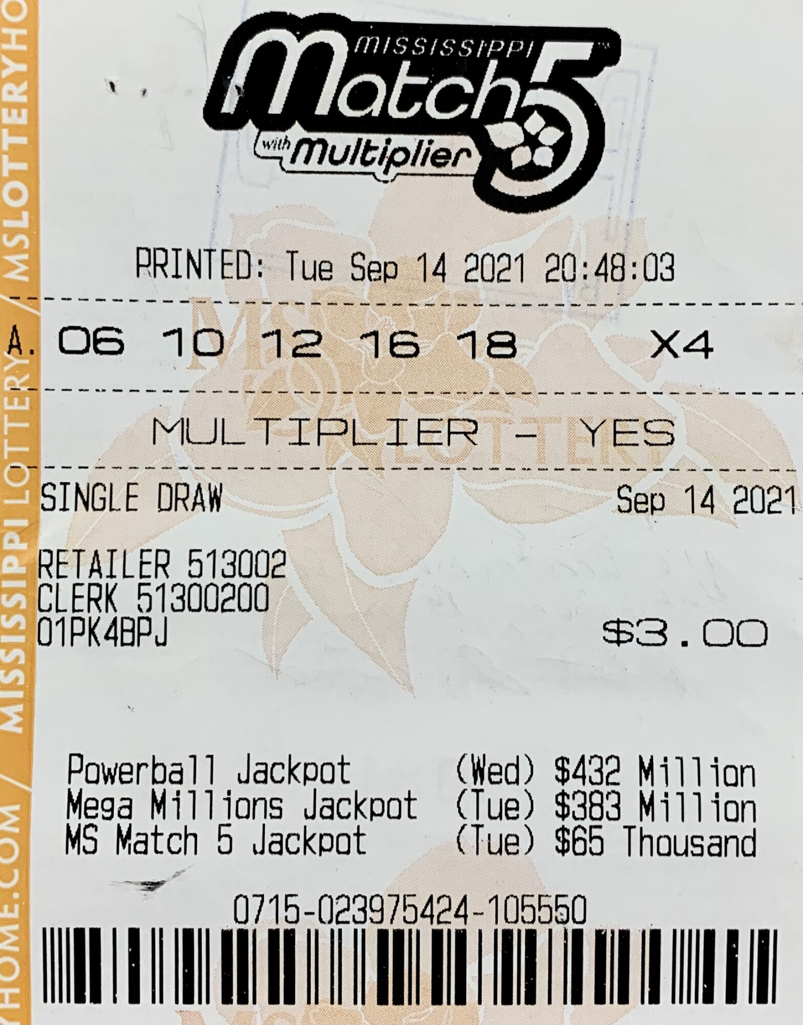 A Hattiesburg man won $800 on a Mississippi Match 5 ticket purchased from Dandy Dan’s #512 on US Hwy. 49, Hattiesburg.