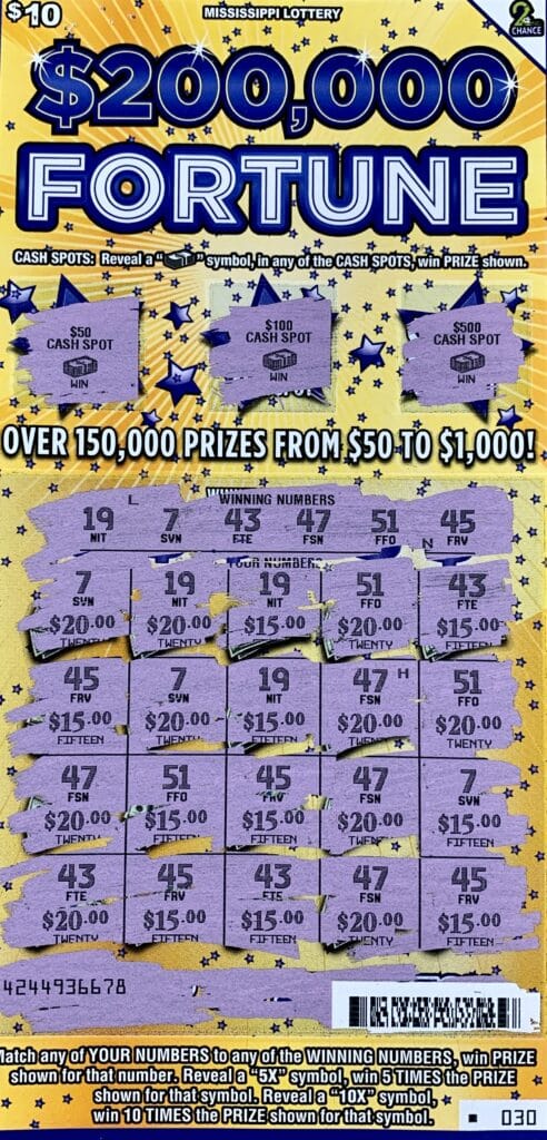 A Tupelo player won $1,000 on a $200,000 Fortune scratch-off game purchased from V Mart on N. Eason Blvd., Tupelo.