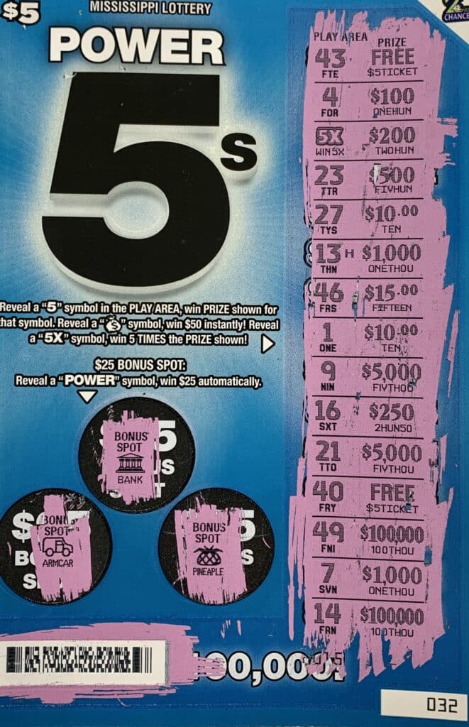 A Crystal Springs woman won $1,000 on a Power 5s scratch-off game purchased from Brando’s Discount Tobacco & Beverage Inc. on Hwy. 51, Crystal Springs.