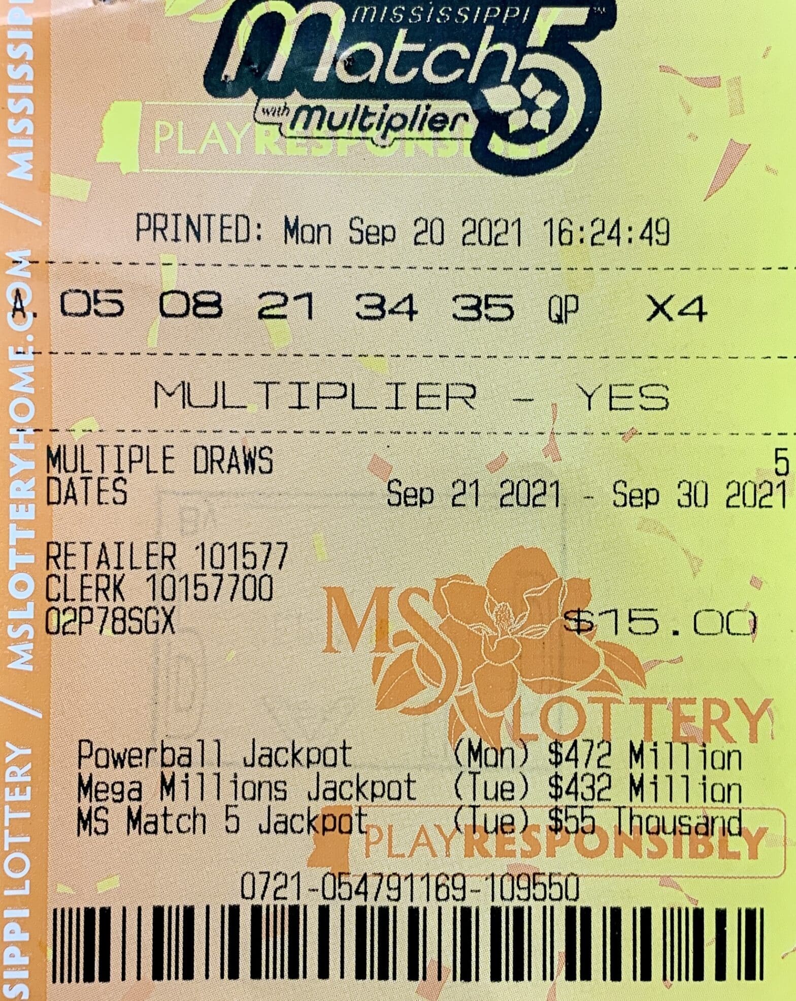 A Jackson man won $800 on a Mississippi Match 5 ticket purchased from Fast Lane State Street on N. State St., Jackson.