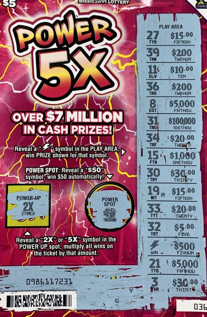 A Troy, Ala., man won $1,000 on a Power 5x scratch-off game purchased from Dixie Depot Lucedale Chevron on Old Hwy. 63, Lucedale.