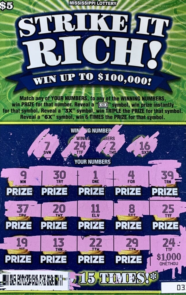 A Hamilton, Ala., man won $1,000 on a Strike it Rich scratch-off game purchased from Sprint Mart #4104 on Hamilton Rd., Hamilton.