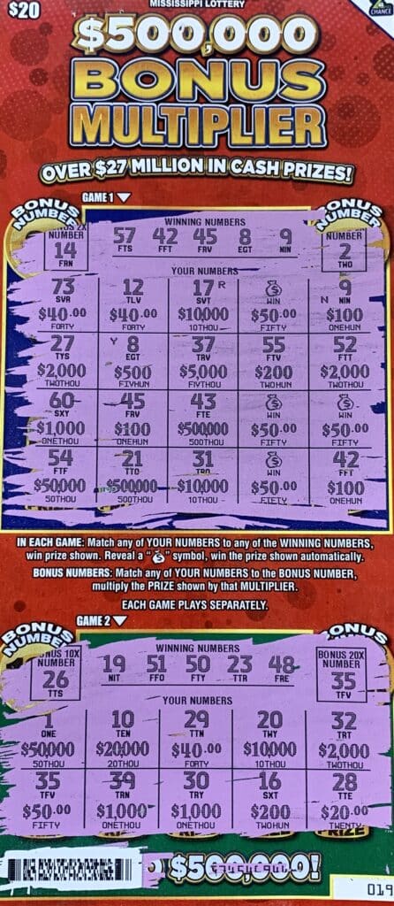 A Marion, Ark., woman won $2,000 on a $500,000 Bonus Multiplier scratch-off game purchased from Tobacco Warehouse 3 on Goodman Rd., Horn Lake.