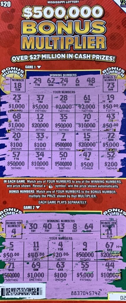 A Bay Springs woman won $1,000 on a $500,000 Bonus Multiplier scratch-off game purchased from Stringer Red Apple Chevron on Hwy. 15, Stringer.