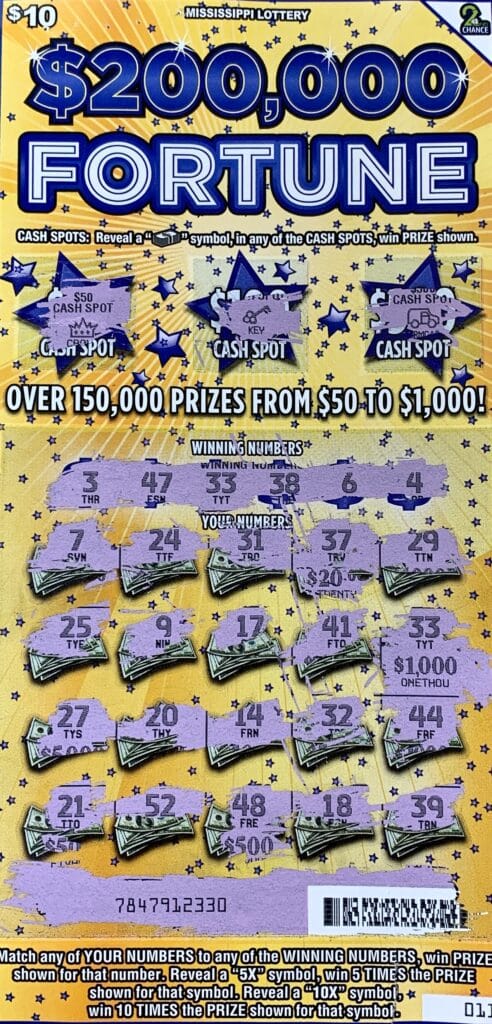 A Baldwyn woman won $1,000 on a $200,000 Fortune scratch-off game purchased from Southern Variety No. 4 on N. Fourth St., Baldwyn.