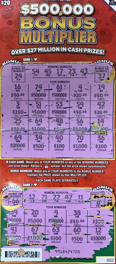 A Greenwood man won $10,000 on a $500,000 Bonus Multiplier scratch-off game purchased from Double Quick #23 on Main St., Greenwood.