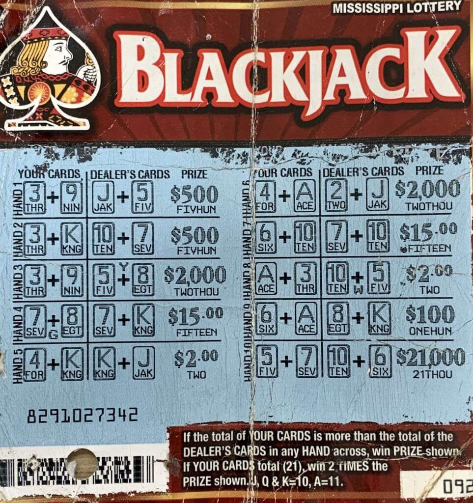 A Stone County man won $2,000 on a Blackjack scratch-off game purchased from RaceTrac #185 on Hwy. 43 S., Picayune.