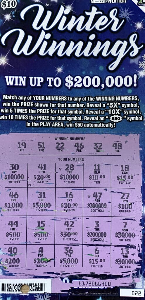 A Stone County woman won $1,000 on a Winter Winnings scratch-off game purchased from Circle K Store #2723402 on S. Azalea Dr., Wiggins.