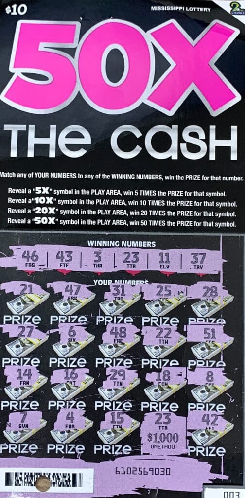 A Tishomingo County woman won $1,000 on a 50x the Cash scratch-off game purchased from 72 Express LLC on Hwy. 72, Burnsville.