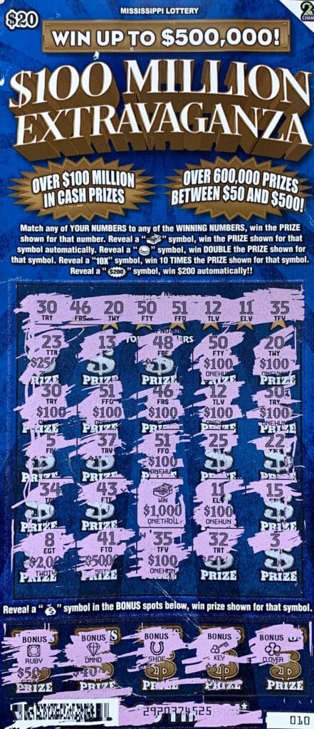 A Houston man won $2,000 on a $100 Million Extravaganza scratch-off game purchased from Houlka Food Shop Inc on Hwy. 32 E., Houlka.