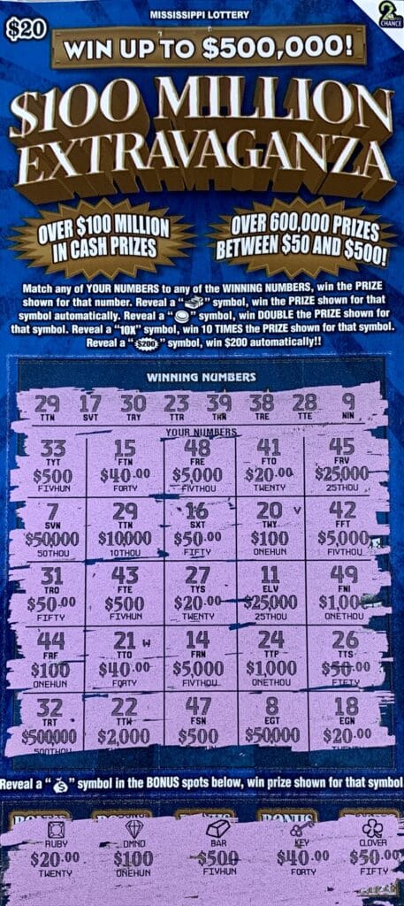 A Tupelo man won $10,000 on a $100 Million Extravaganza scratch-off game purchased from NT Brothers C Store on McCullough Blvd., Tupelo.