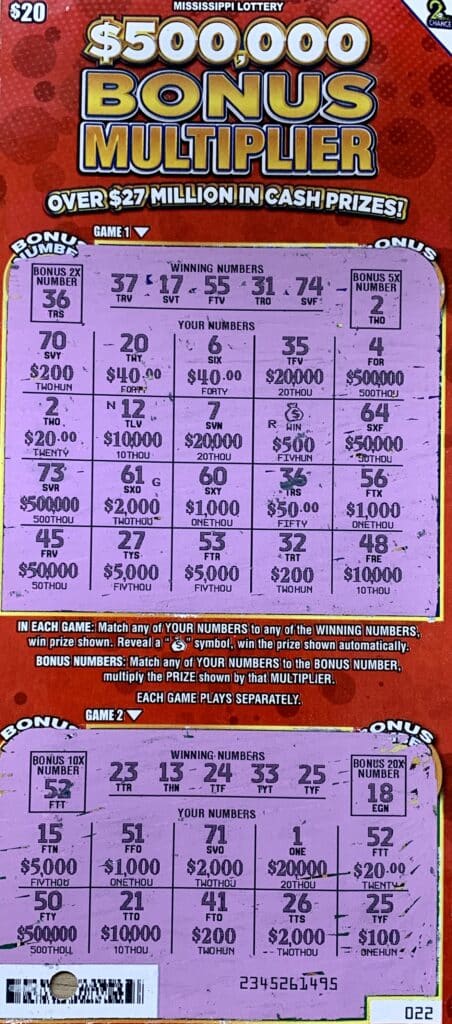 A Columbus woman won $1,000 on a $500,000 Bonus Multiplier scratch-off game purchased from 45 Express Mart Inc on Hwy. 45 N., Columbus.