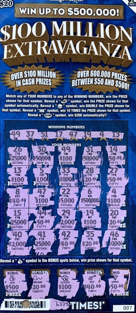 A Pontotoc County woman won $1,000 on a $100 Million Extravaganza scratch-off game purchased at Veer LLC on S. Green St., Tupelo.