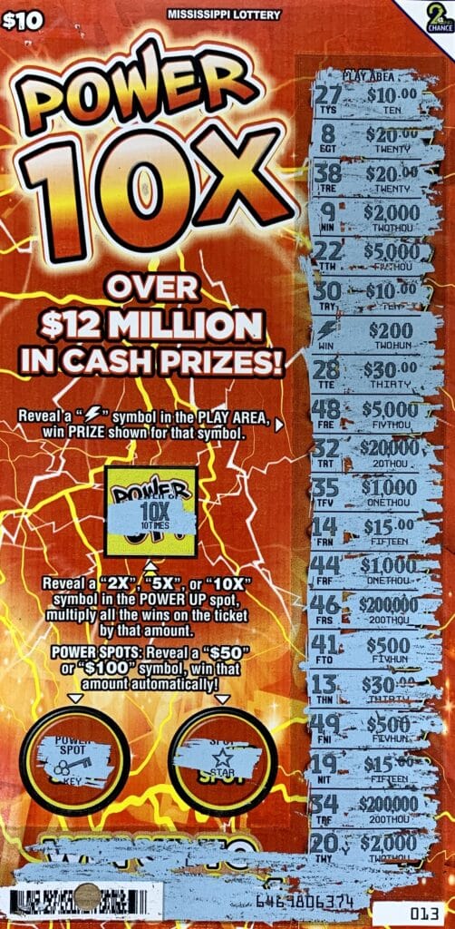 A Hazlehurst man won $2,000 on a Power 10x scratch-off game purchased from Phillips 66 Food Plaza on Hwy. 28, Hazlehurst.