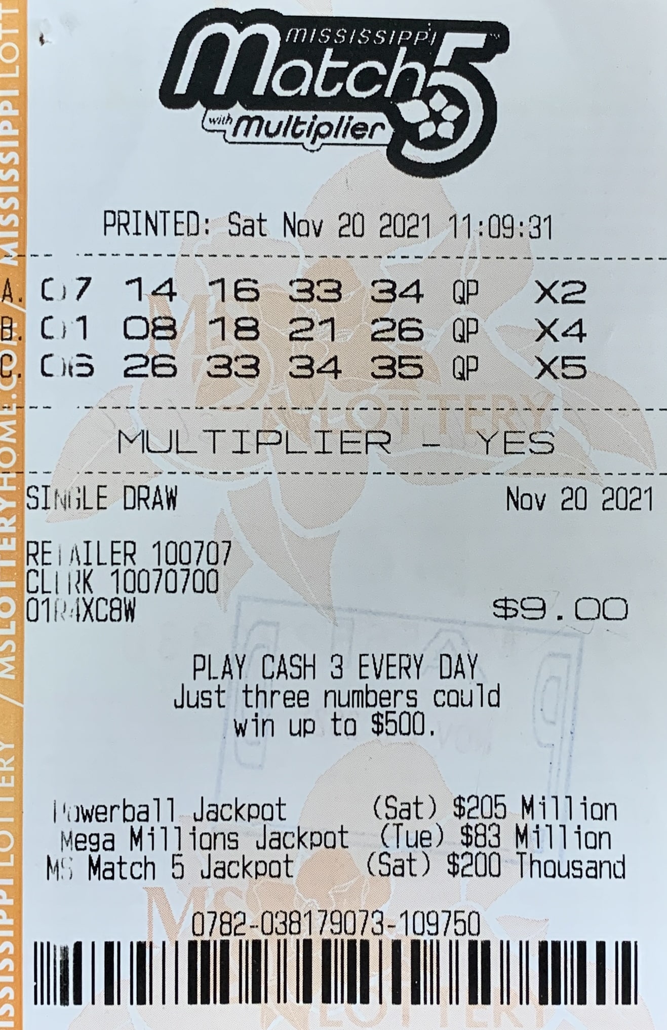 A Brandon man won $800 on a Mississippi Match 5 ticket purchased from Sam’s Exxon LLC on Hwy. 25, Flowood.