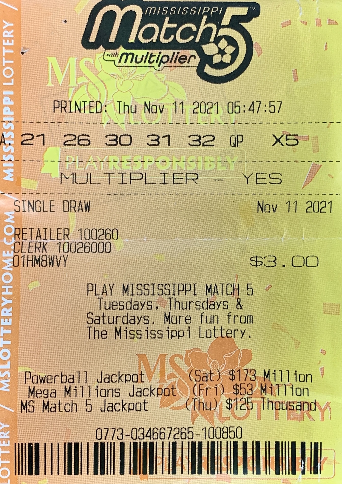 A Canton man won $1,000 on a Mississippi Match 5 ticket purchased at Chevron on W. Peace St., Canton