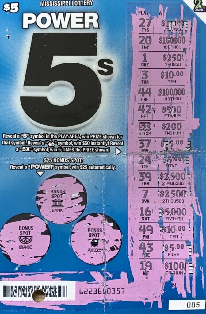 A Bay St. Louis woman won $1,000 on a Power 5s scratch-off game purchased from Circle K Store #2701704 on Hwy. 90, Waveland.