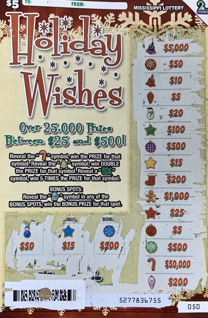 A Florence man won $50,000 on a Holiday Wishes scratch-off game purchased from Kroger #479 on Promenade B., Flowood.