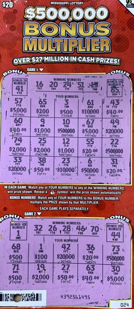 A Grenada County woman won $2,000 on a $500,000 Bonus Multiplier scratch-off game purchased from Spot Stop LLC on N. Lamar Blvd., Oxford.