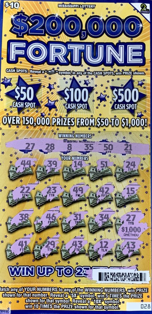 A Jasper County man won $1,000 on a $200,000 Fortune scratch-off game purchased from Fast Stop 4 on Hwy. 15, Louin.