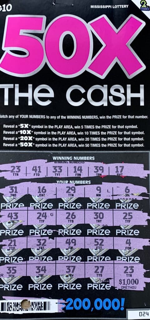 A McComb woman won $1,000 on a 50x the Cash scratch-off game purchased from Love’s Food Mart on N. Broadway St., McComb.