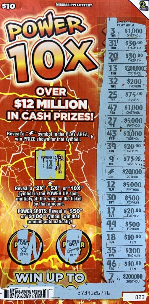 A Flowood man won $20,000 on a Power 10x scratch-off game purchased from Raceway 6851 on Airport Rd. S., Pearl.